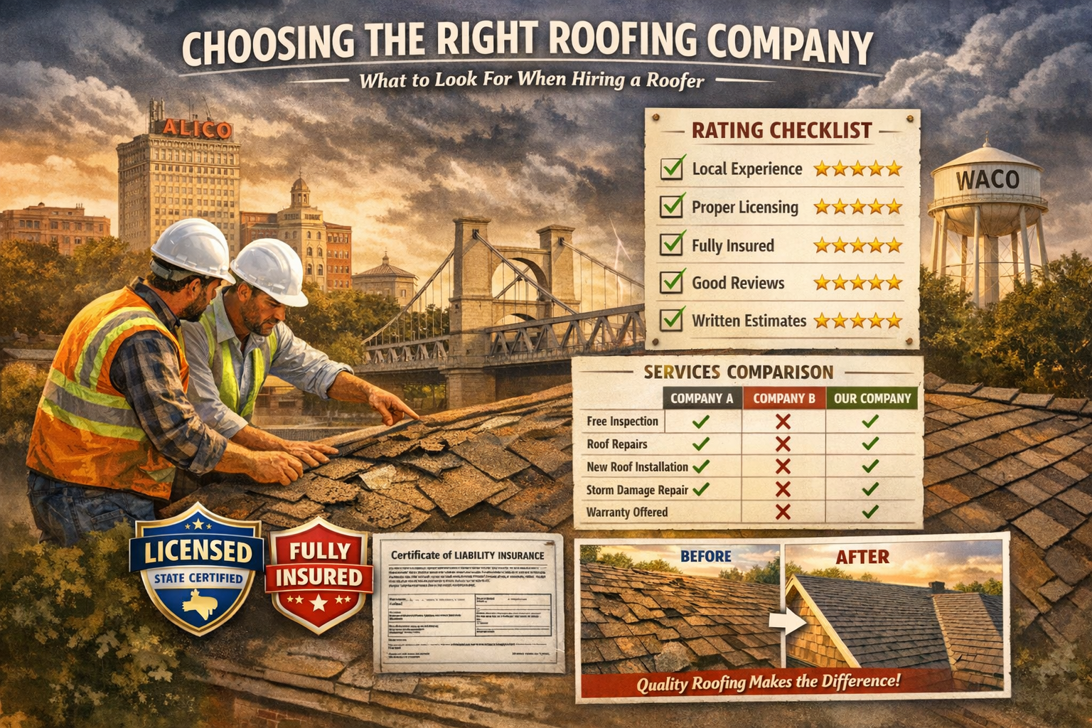 Detailed infographic showing roofing company selection criteria with checkboxes and rating system, featuring local Waco landmarks in backgro