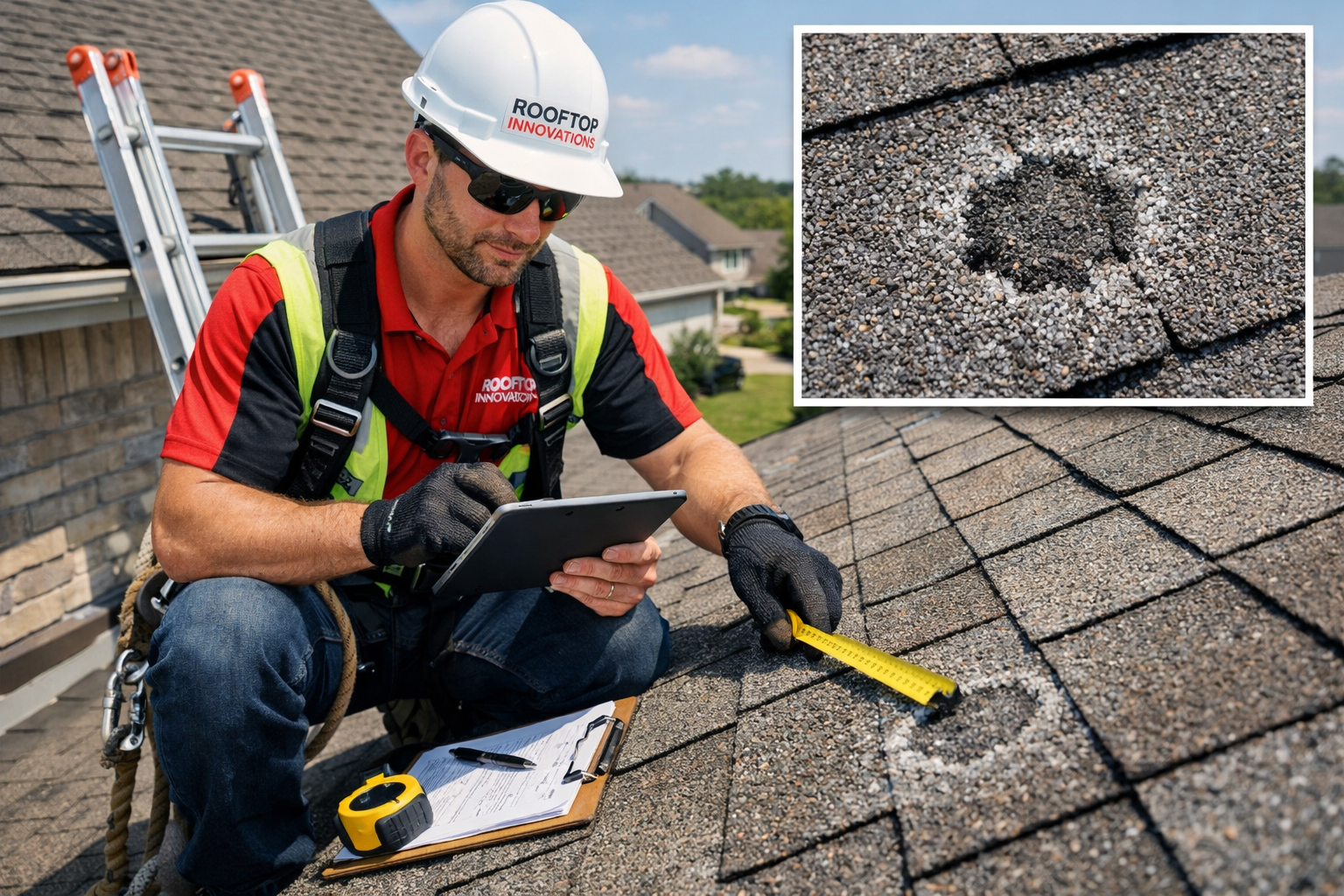 Professional roofing inspection scene showing Rooftop Innovations team member on residential roof in Waco neighborhood, using tablet and mea