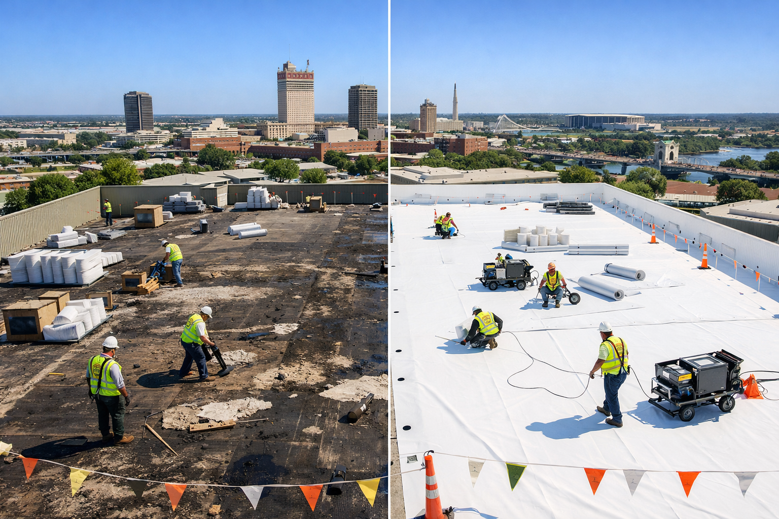 Commercial roofing project in progress showing Rooftop Innovations crew installing TPO membrane on large Waco business building, aerial pers