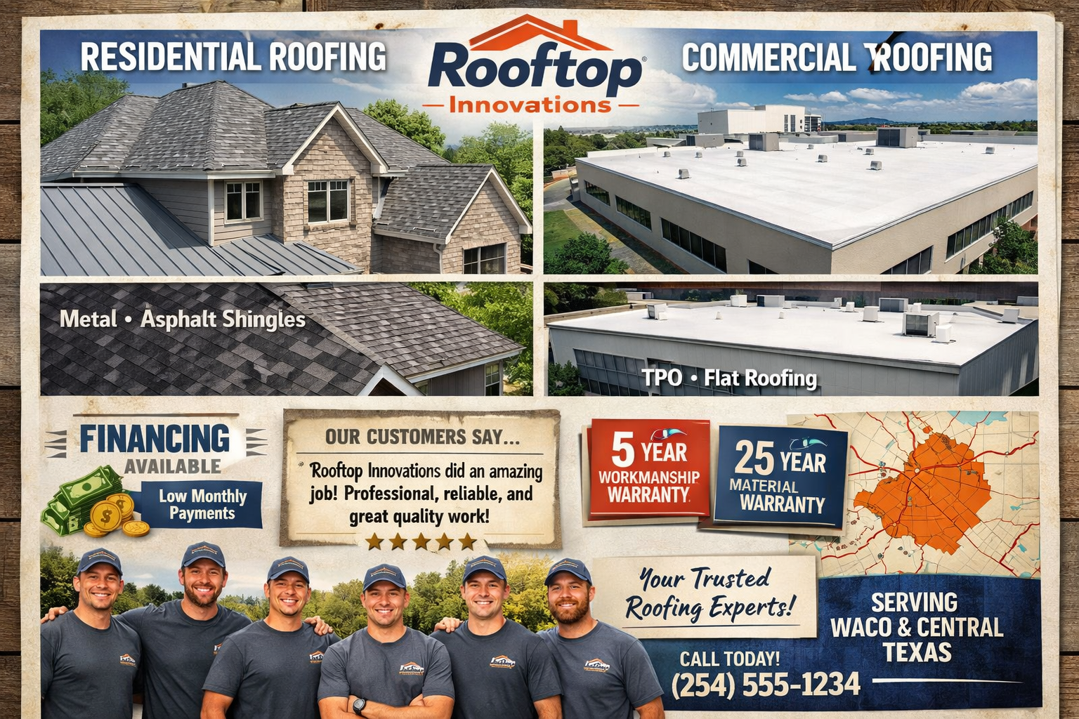 Comprehensive roofing services showcase featuring split-screen comparison of residential and commercial projects, Rooftop Innovations brandi
