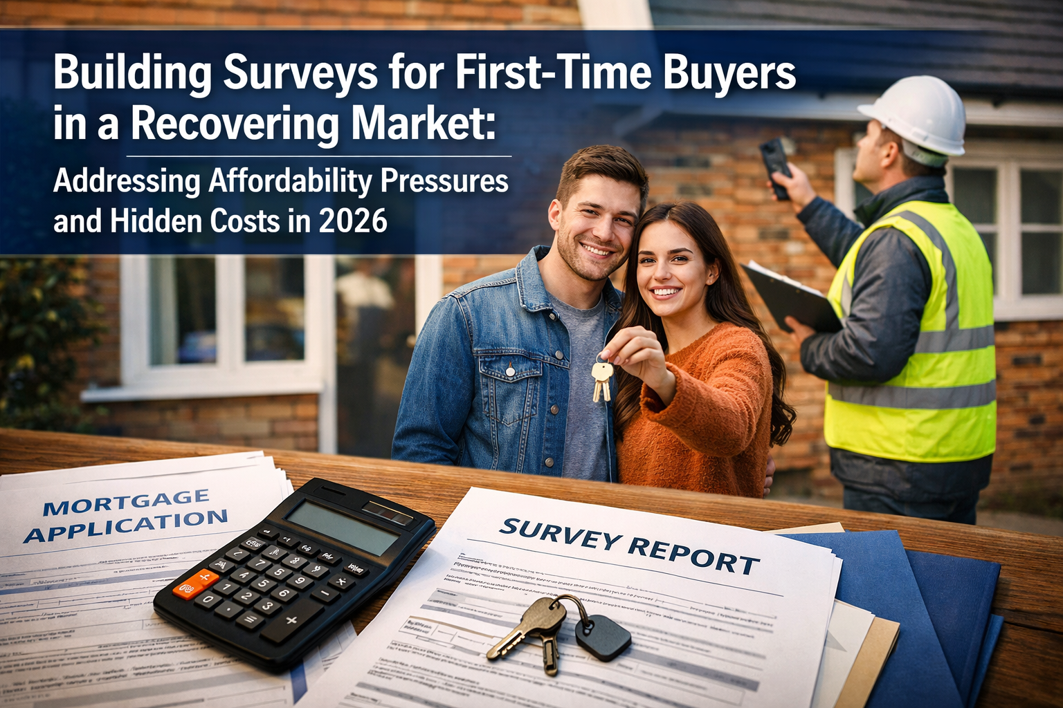 Professional landscape format (1536x1024) hero image featuring bold text overlay 'Building Surveys for First-Time Buyers in a Recovering Mar