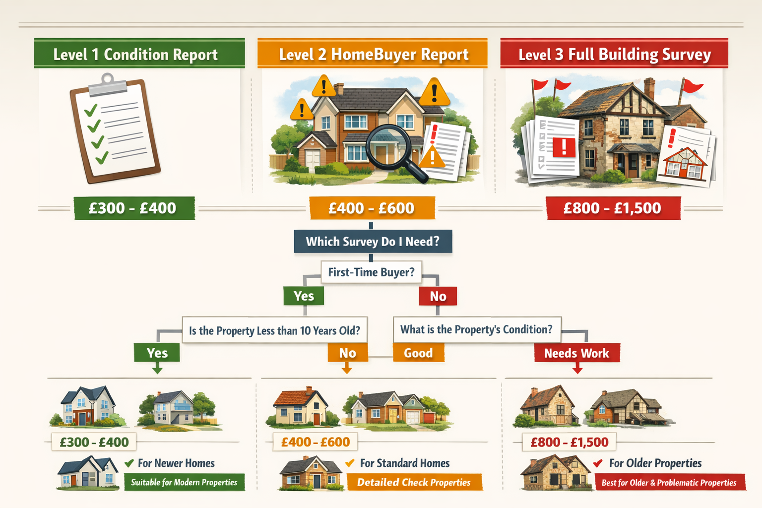 Comprehensive landscape format (1536x1024) infographic-style image displaying three distinct survey types side-by-side: Level 1 Condition Re