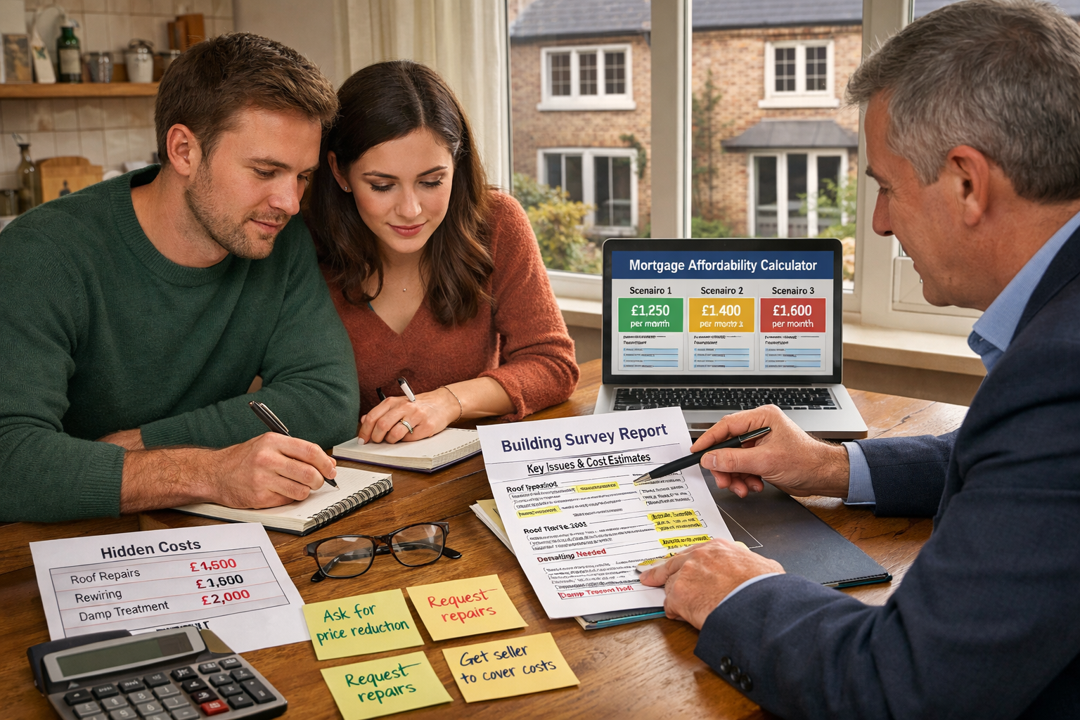 Engaging landscape format (1536x1024) image showing first-time buyer couple sitting at kitchen table with financial advisor or surveyor, rev