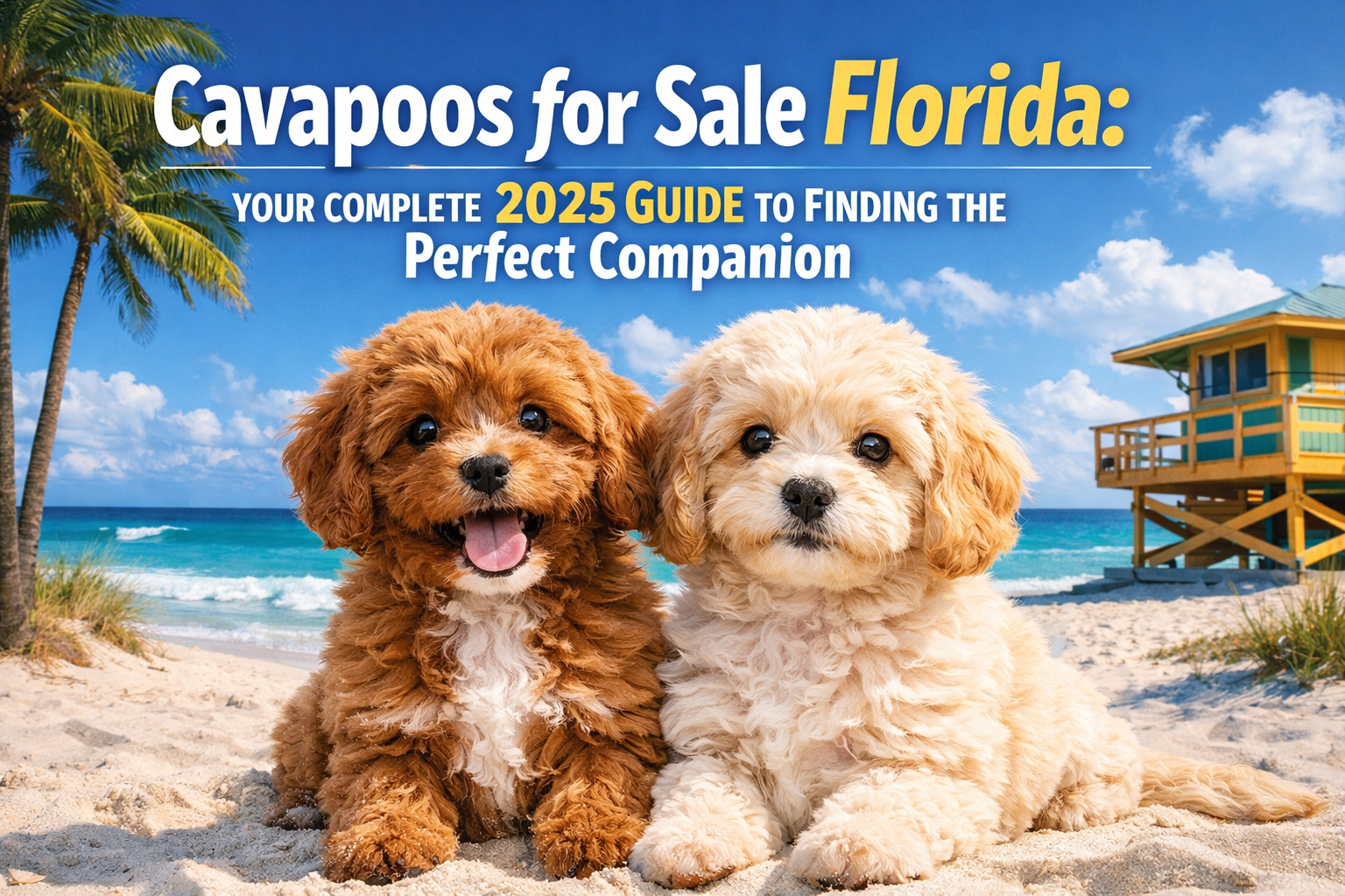 Professional landscape hero image (1536x1024) with bold text overlay: "Cavapoos for Sale Florida: Your Complete 2025 Guide to Finding the Pe