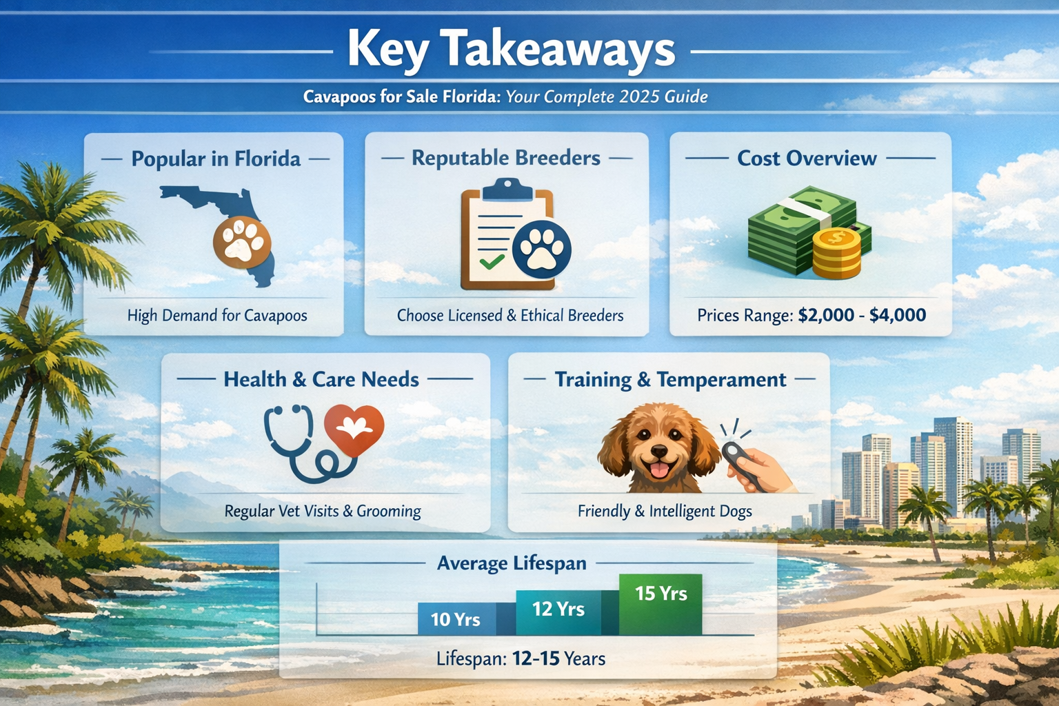Professional landscape infographic (1536x1024) for article "Cavapoos for Sale Florida: Your Complete 2025 Guide to Finding the Perfect Compa