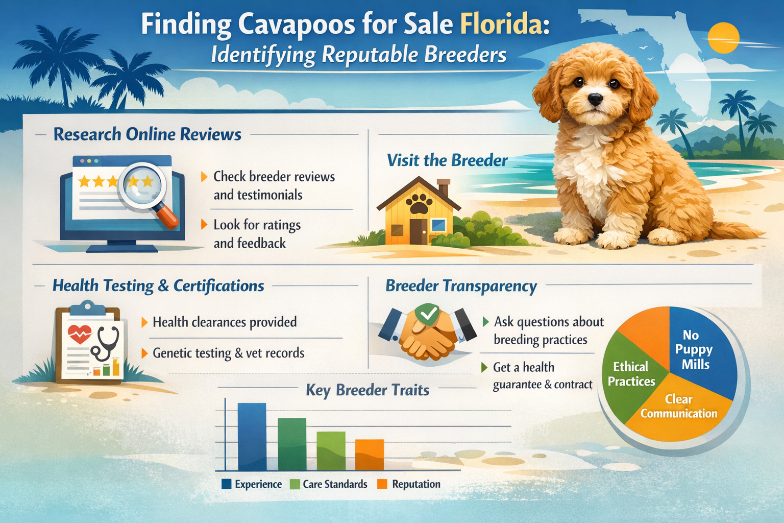 Professional landscape infographic (1536x1024) for article "Cavapoos for Sale Florida: Your Complete 2025 Guide to Finding the Perfect Compa
