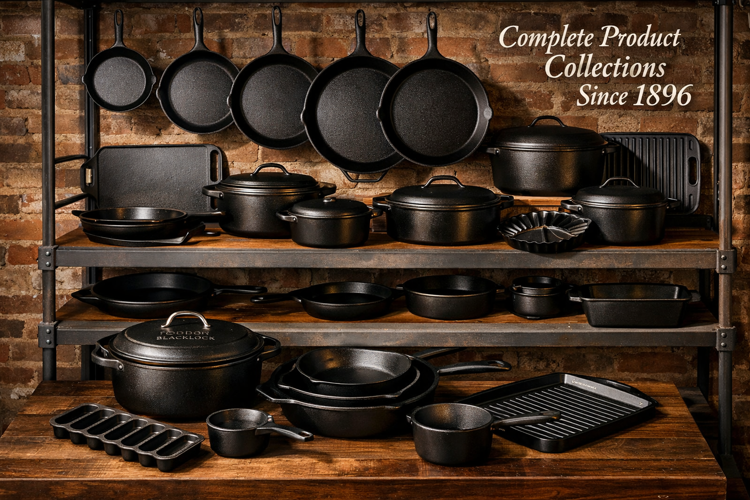 Detailed landscape format (1536x1024) image showing comprehensive Lodge cast iron product collection arranged artistically on industrial met
