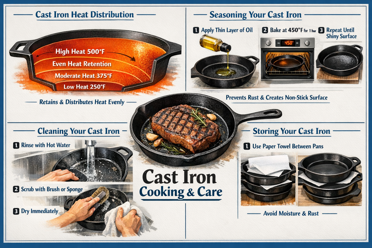 Detailed landscape format (1536x1024) instructional infographic showing cast iron cooking techniques and care maintenance in four quadrants.