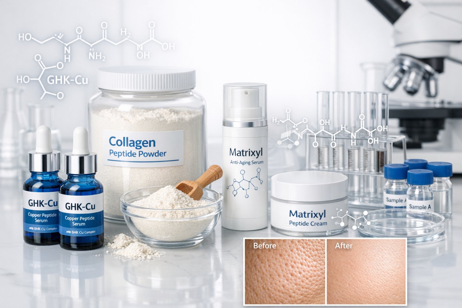 High-quality product photography showing various simple peptide applications: copper peptide serum bottles with GHK-Cu labeling, collagen pe