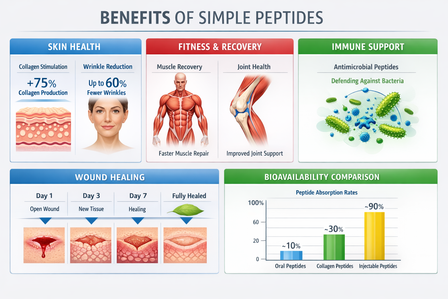 Infographic visualization displaying simple peptide benefits across multiple categories: skincare section showing collagen stimulation and w