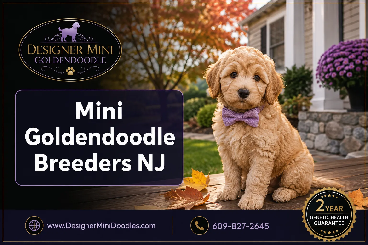 Professional () editorial hero image with SHORT : 'Mini Goldendoodle Breeders NJ' in crisp white on a semi-transparent deep