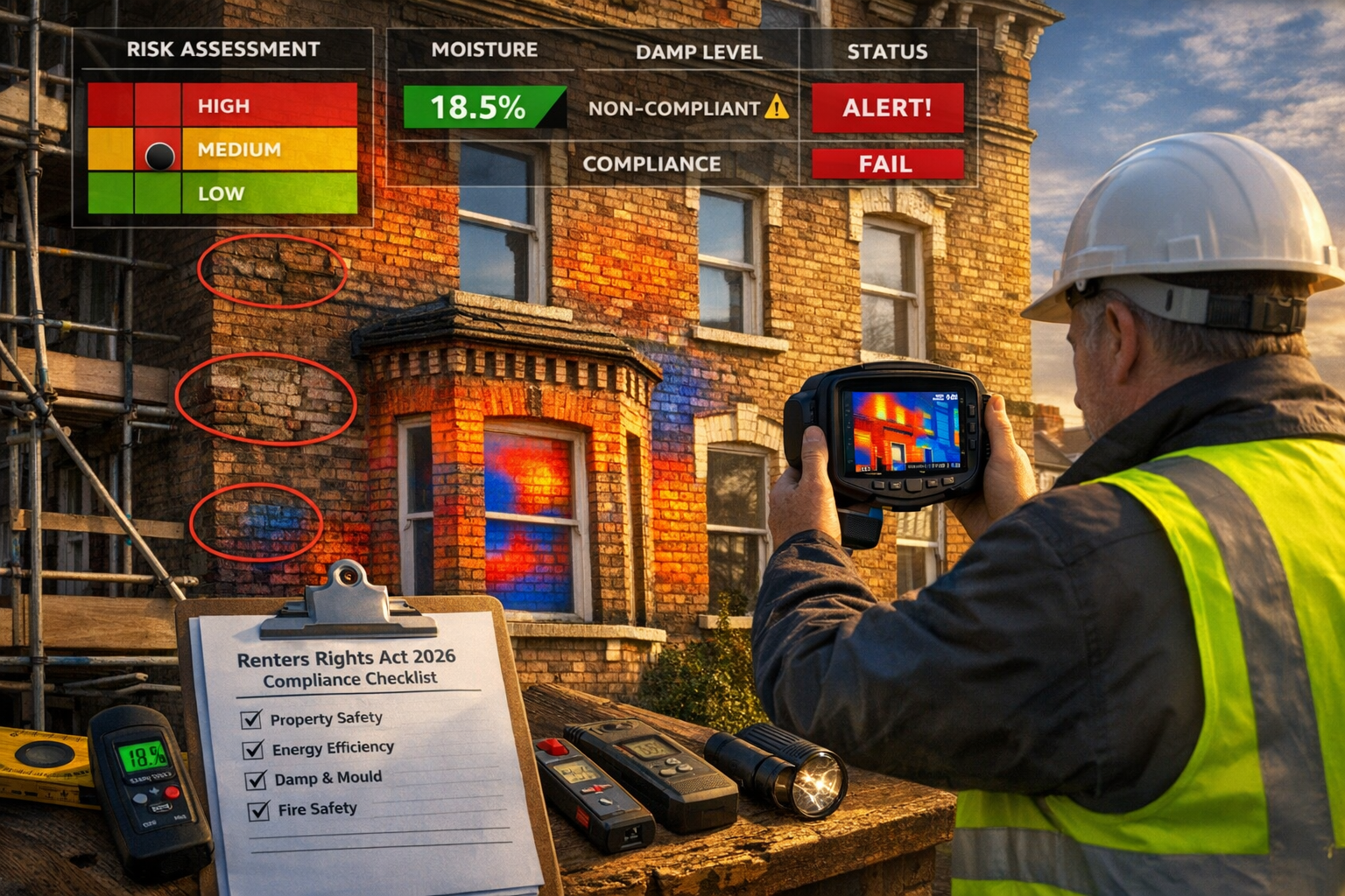 Detailed () image showing professional building surveyor in high-visibility vest conducting external property inspection of