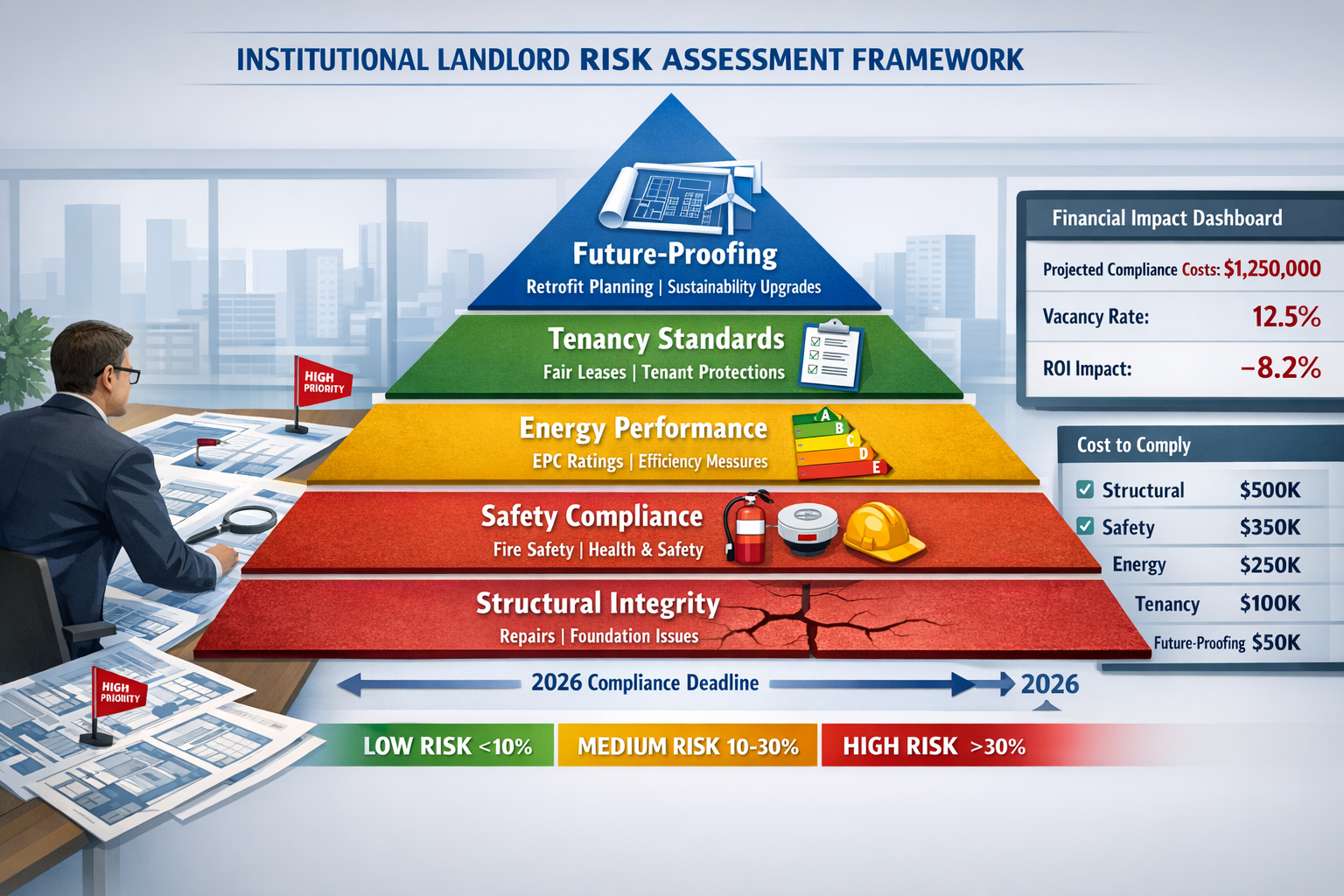 Wide () infographic-style image displaying institutional landlord risk assessment framework as layered pyramid diagram with