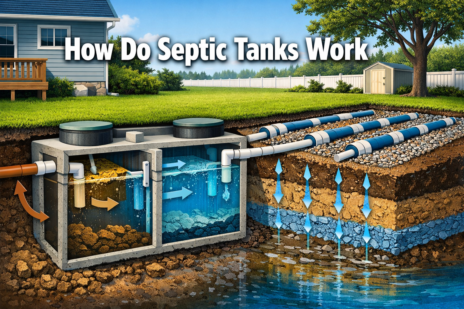 Professional landscape format (1536x1024) hero image featuring bold text overlay 'How Do Septic Tanks Work' in extra large 72pt white sans-s