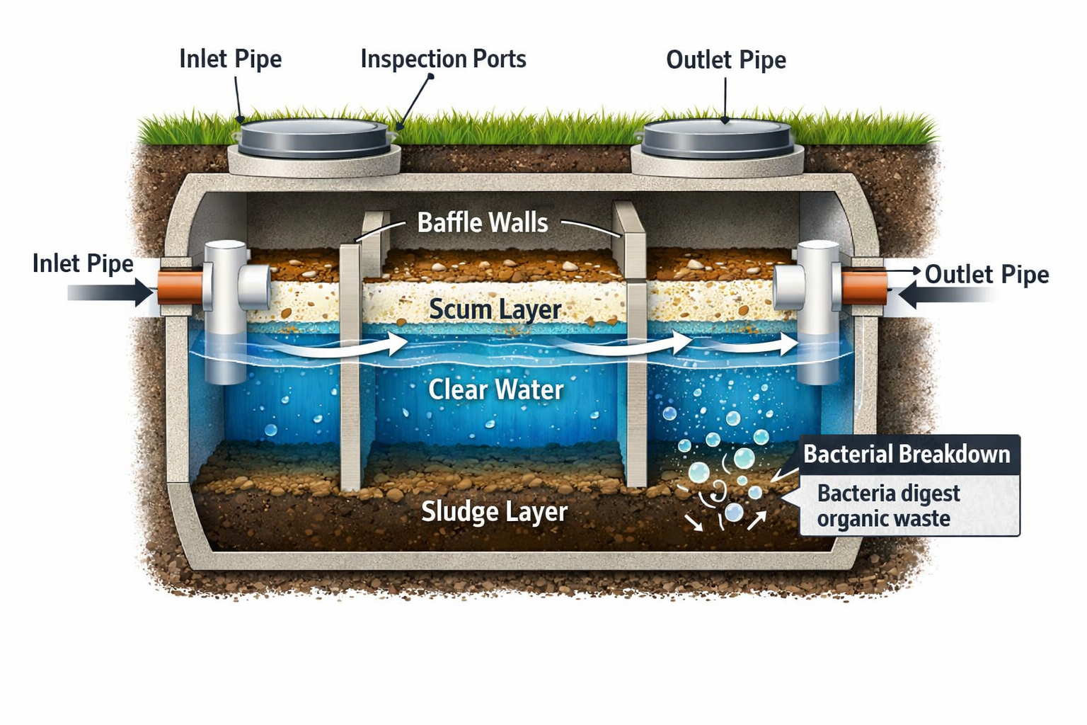 Portrait format (1024x1536) detailed cutaway diagram of septic tank showing three distinct chambers with scum layer floating on top, clear w