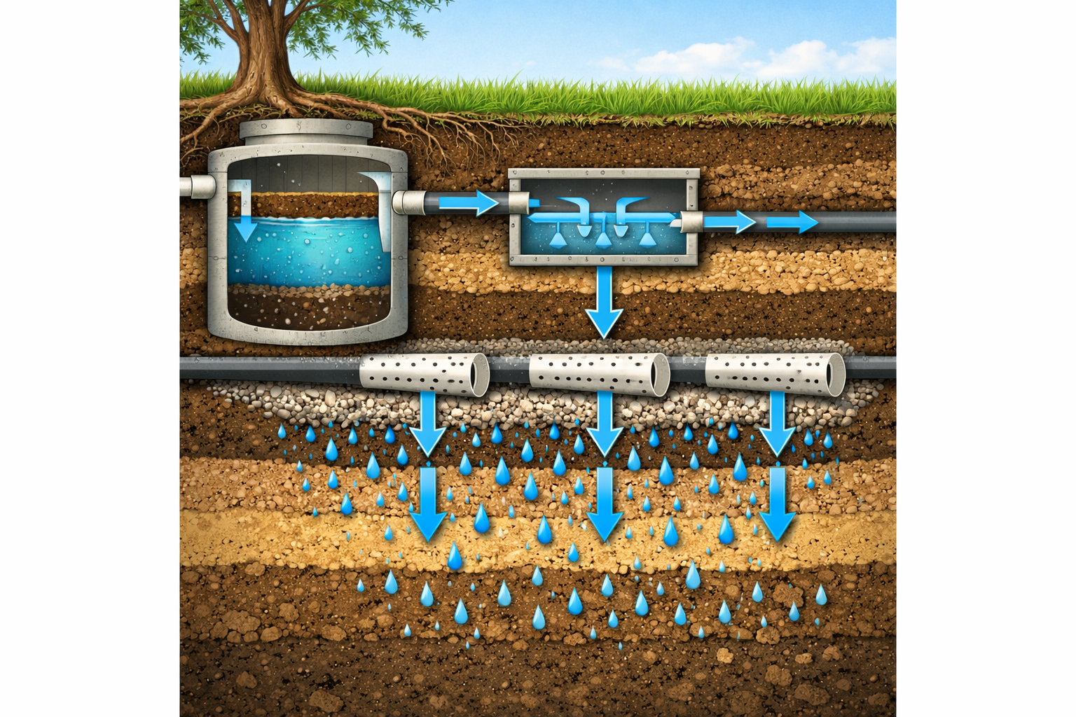 Portrait format (1024x1536) underground view showing septic tank connected to distribution box and drain field with perforated pipes. Soil l