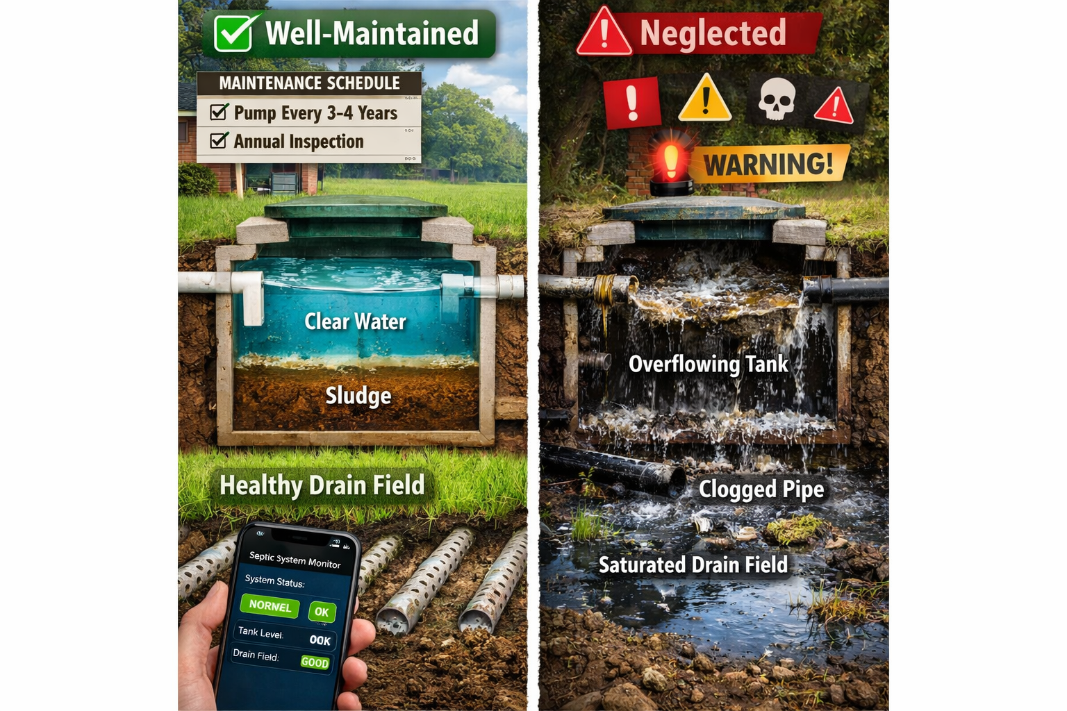Portrait format (1024x1536) split-screen comparison showing well-maintained septic system on left versus neglected system on right. Left sid