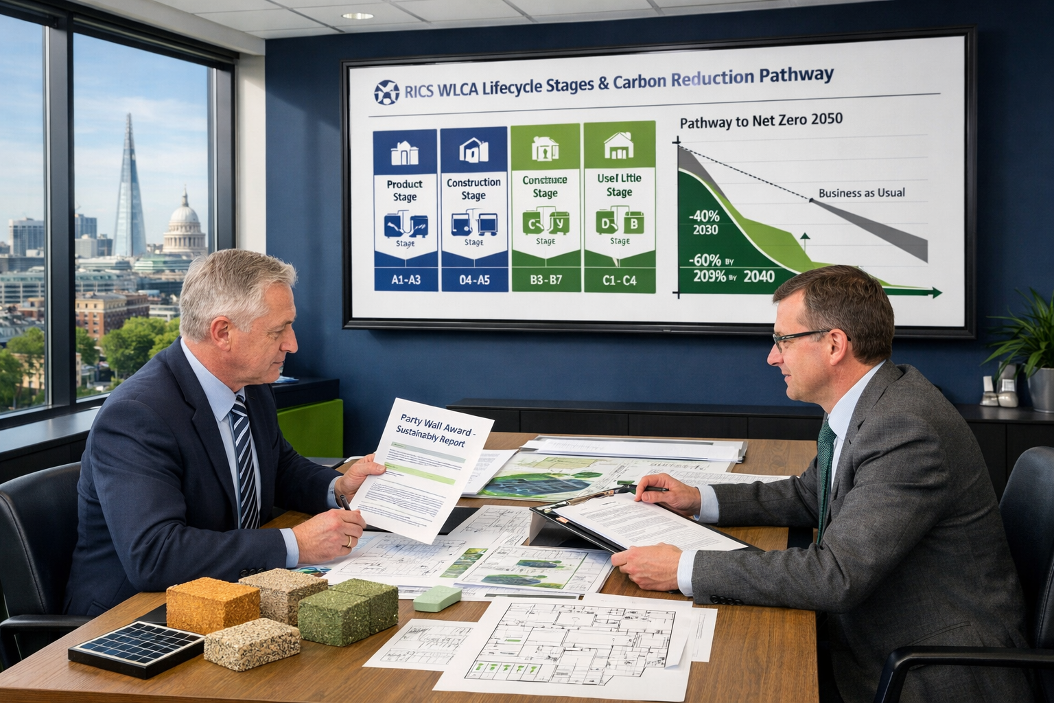 Wide-angle view of a formal party wall surveyor meeting room where two surveyors representing adjoining owners sit across a