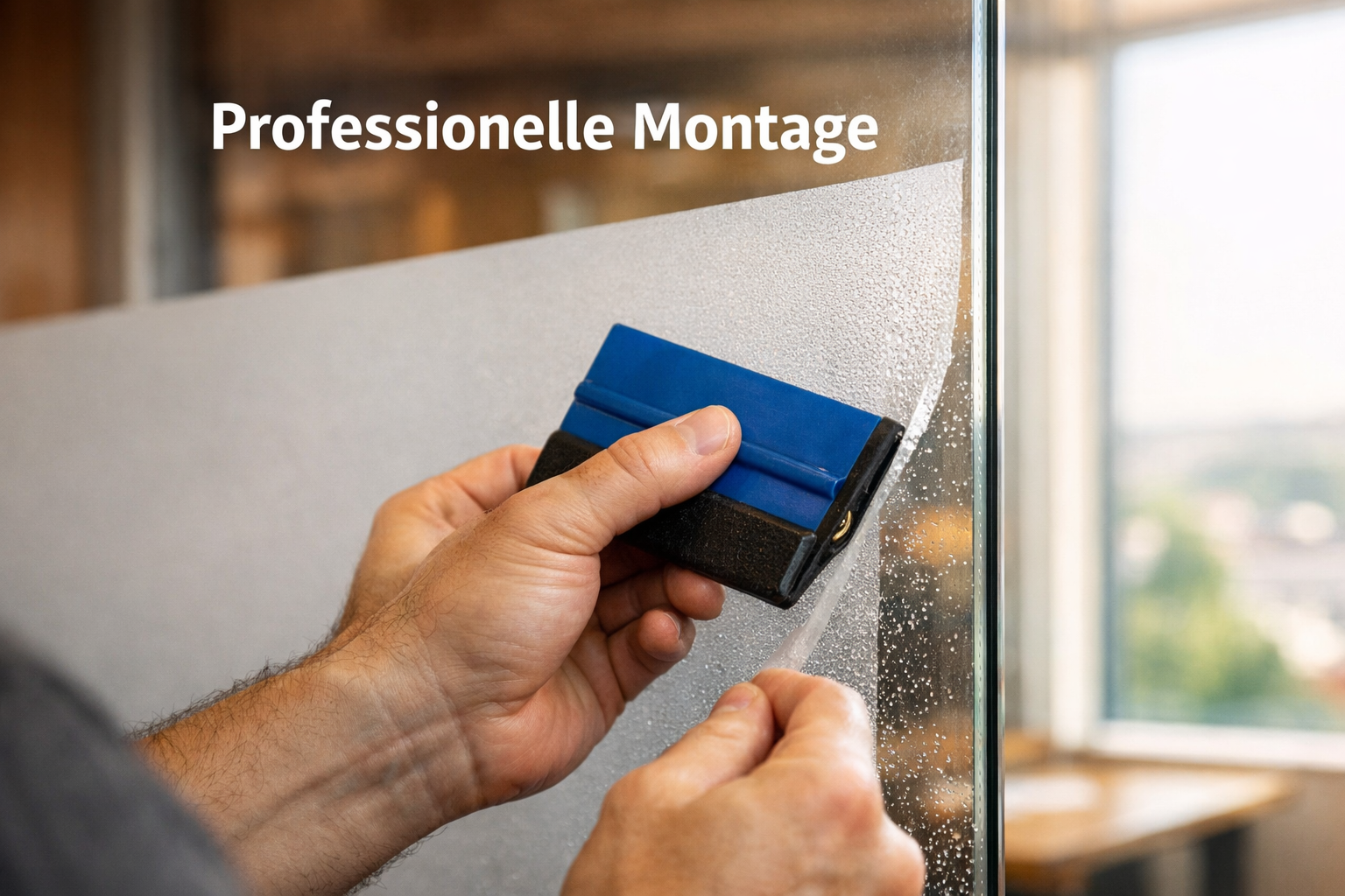 () close-up detail shot of a professional applying frosted Sichtschutzfolie to a large glass office window in Gevelsberg,