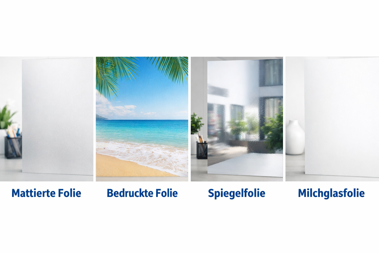 () side-by-side comparison infographic showing four types of Sichtschutzfolie: mattierte Folie, bedruckte Folie,