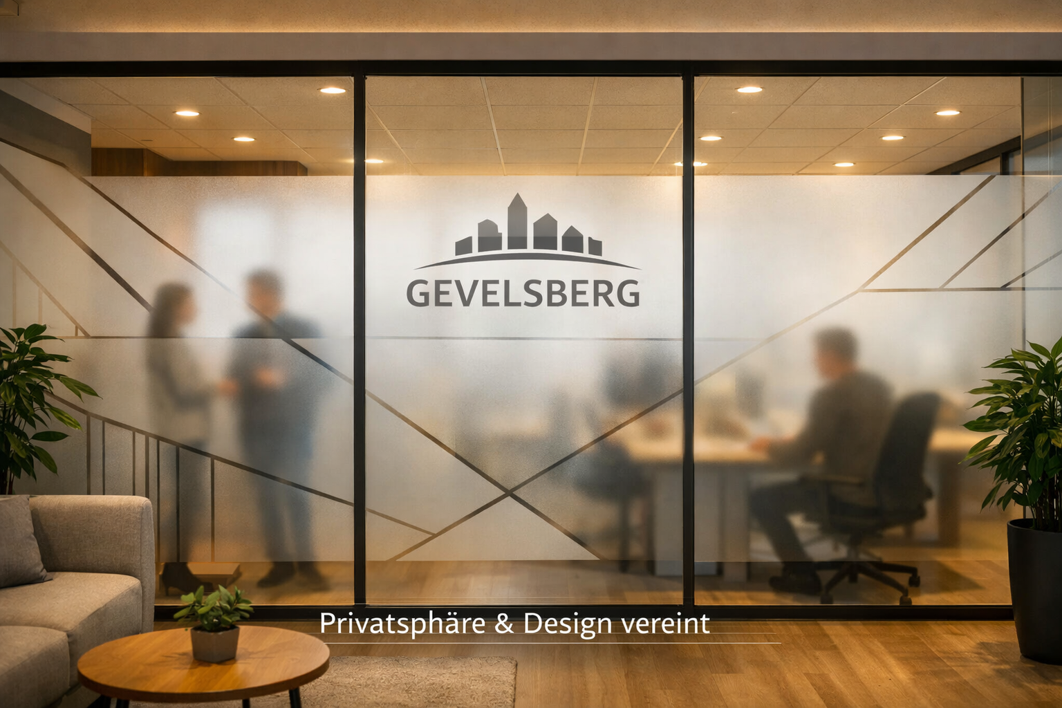 () wide-angle interior view of a modern Gevelsberg office with frosted glass partition walls featuring custom-printed