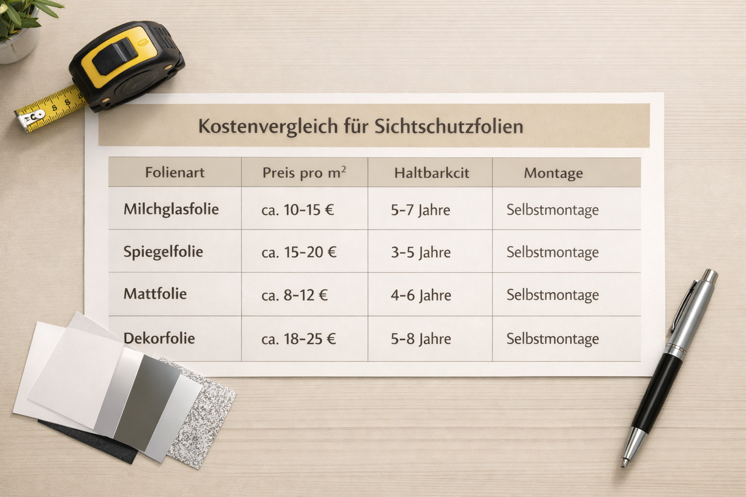 () overhead flat-lay cost comparison table graphic for Sichtschutzfolie options, displayed as a printed document on a clean
