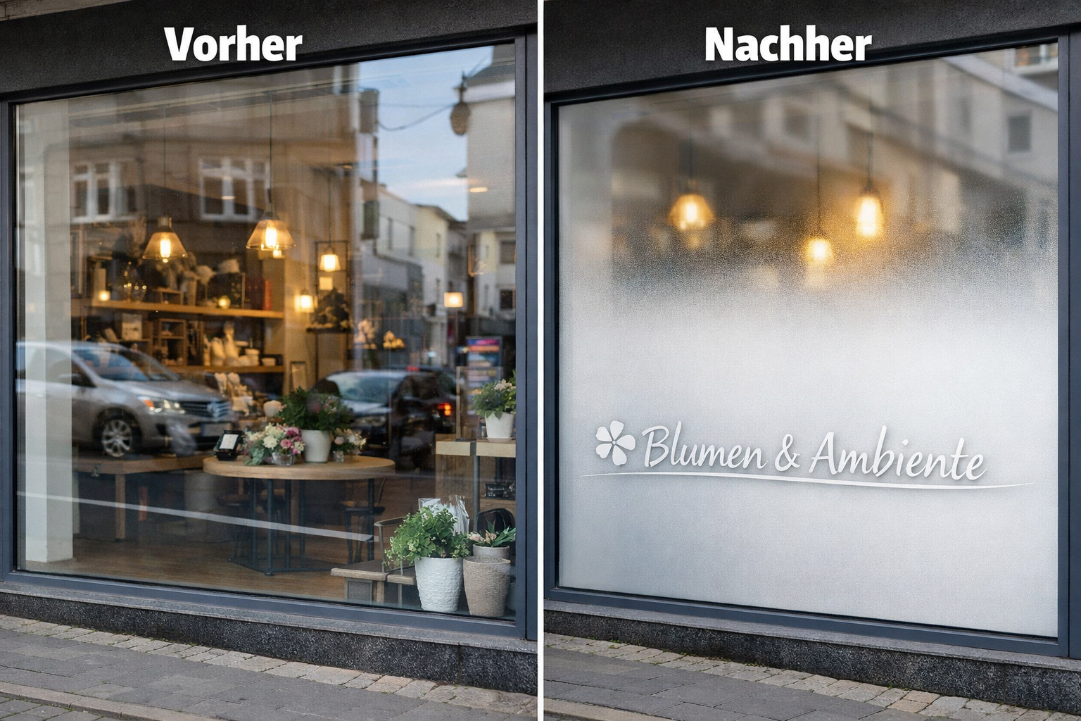 () before-and-after split image of a Gevelsberg shop window: left half shows clear unfilmed glass with street glare and full
