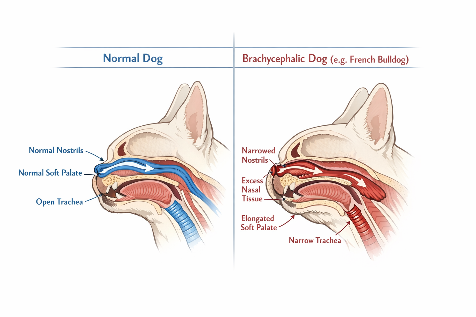 Detailed landscape format (1536x1024) medical illustration showing French Bulldog respiratory anatomy cross-section with labeled parts: narr