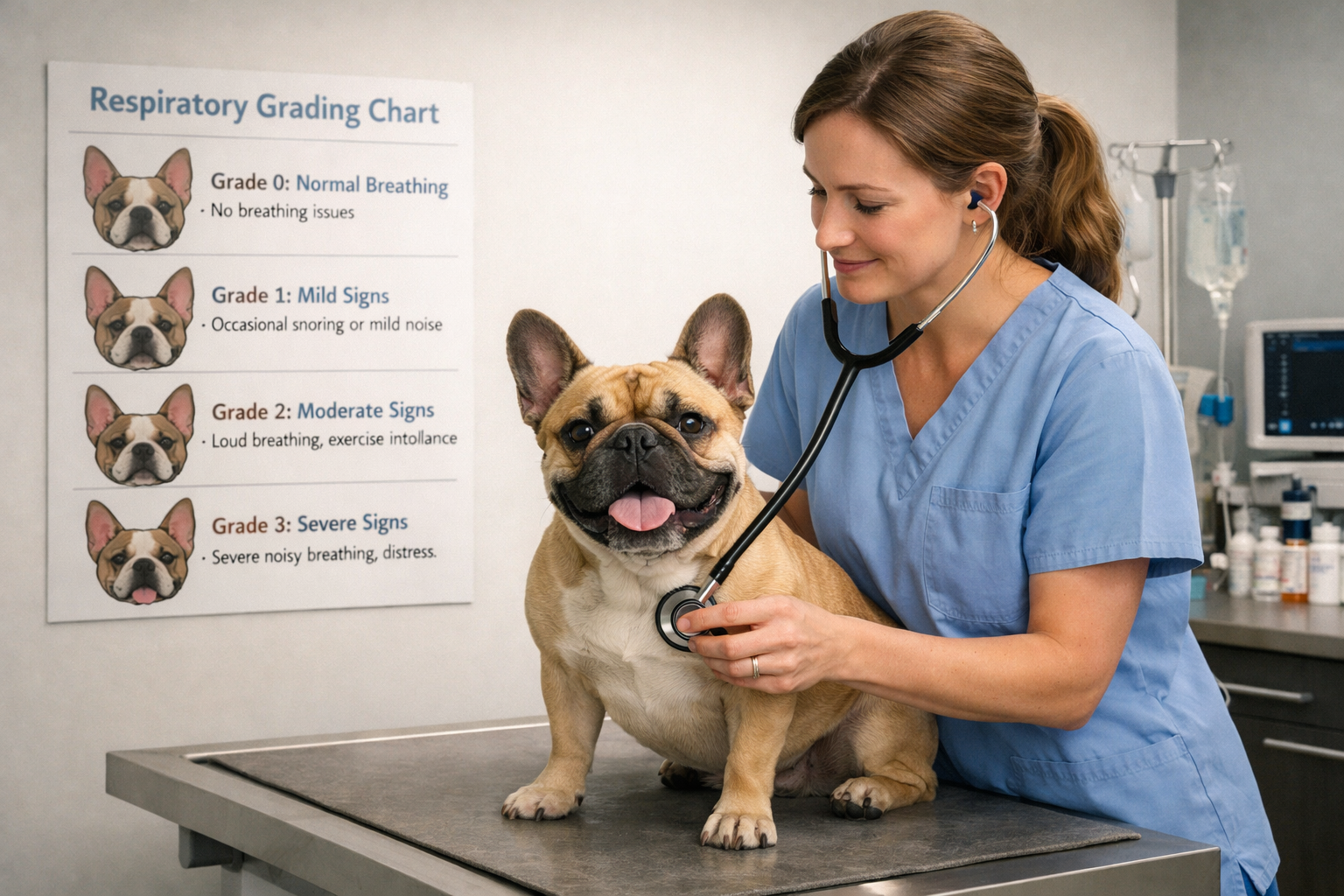 Professional landscape format (1536x1024) veterinary examination scene showing French Bulldog on examination table with veterinarian using s