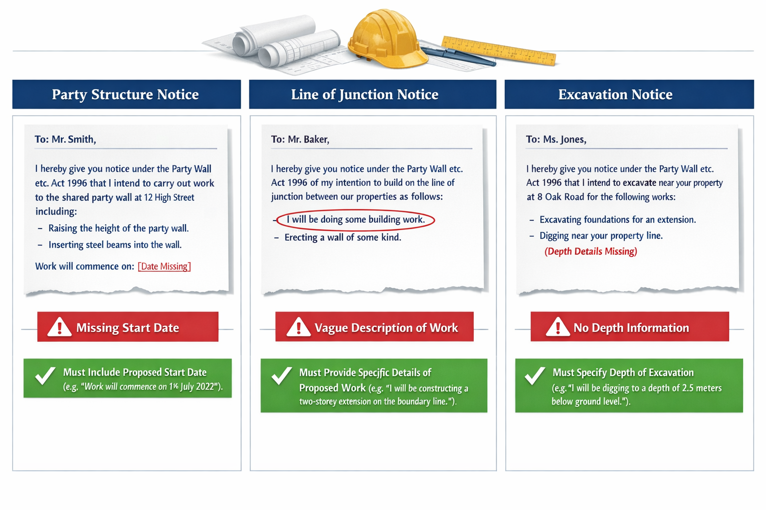() detailed infographic showing three columns of party wall notice types with red X marks indicating common errors: left