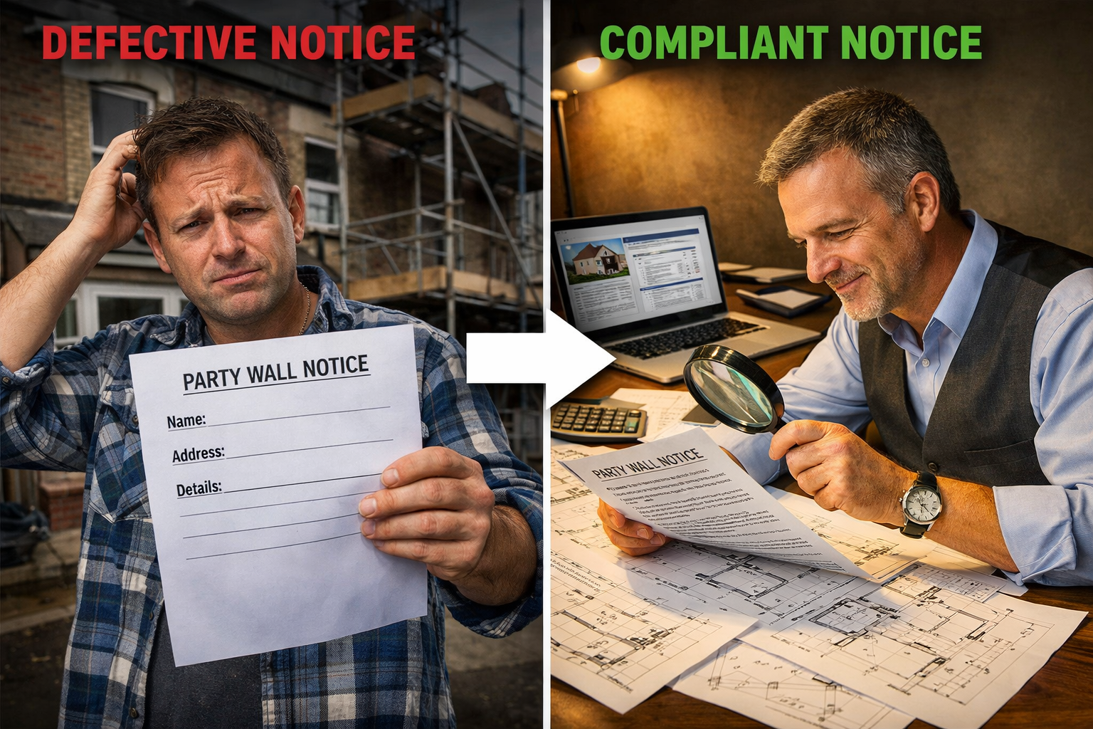 () split-screen comparison photograph: left side shows frustrated property owner holding defective party wall notice with