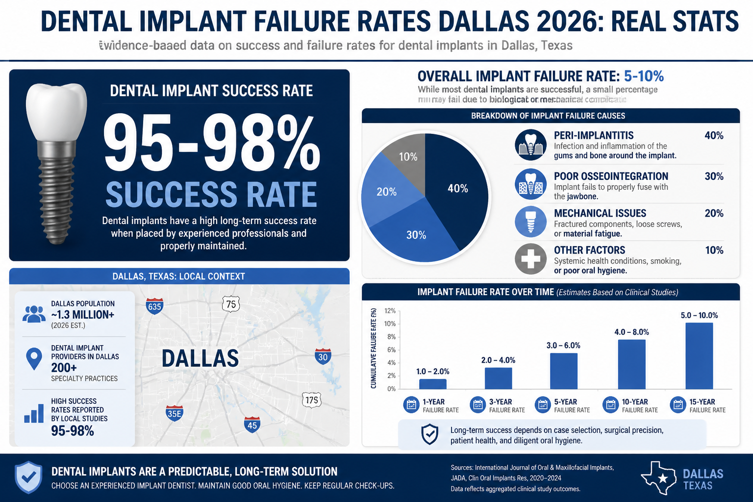 A detailed infographic in () showing key statistics on dental implant success and failure rates in a professional, with
