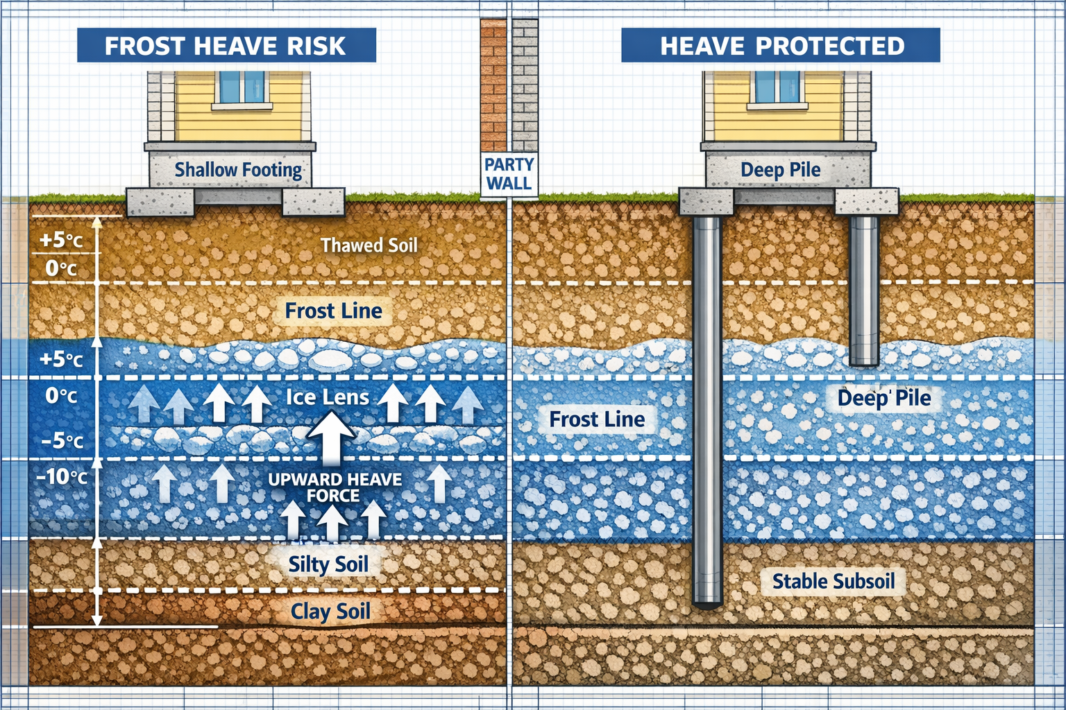 Detailed () technical illustration showing cross-sectional diagram of frost heave mechanism in soil beneath building