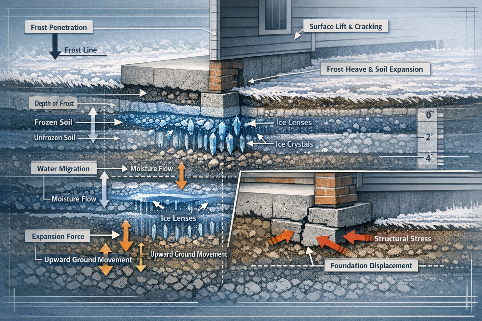 Detailed cross-sectional architectural illustration showcasing underground foundation layers experiencing frost heave