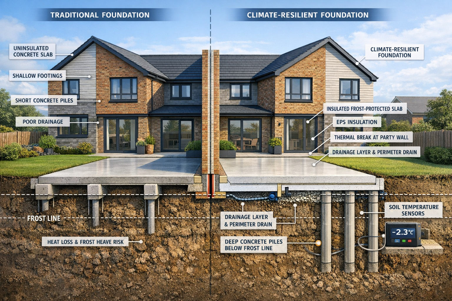 Detailed () architectural rendering showing modern semi-detached houses with exposed foundation systems and party wall