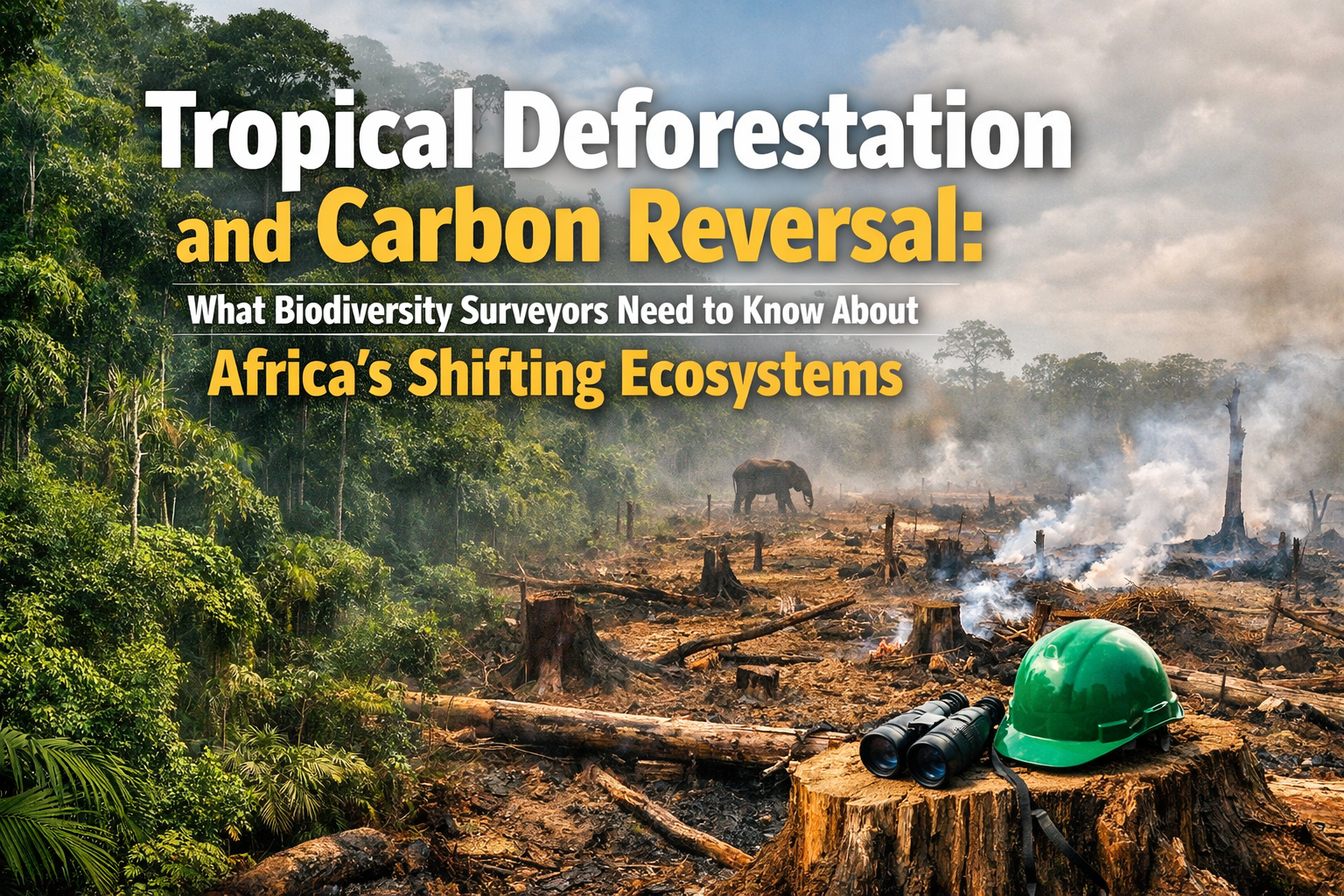Professional landscape hero image () with : "Tropical Deforestation and Carbon Reversal: What Biodiversity Surveyors Need to