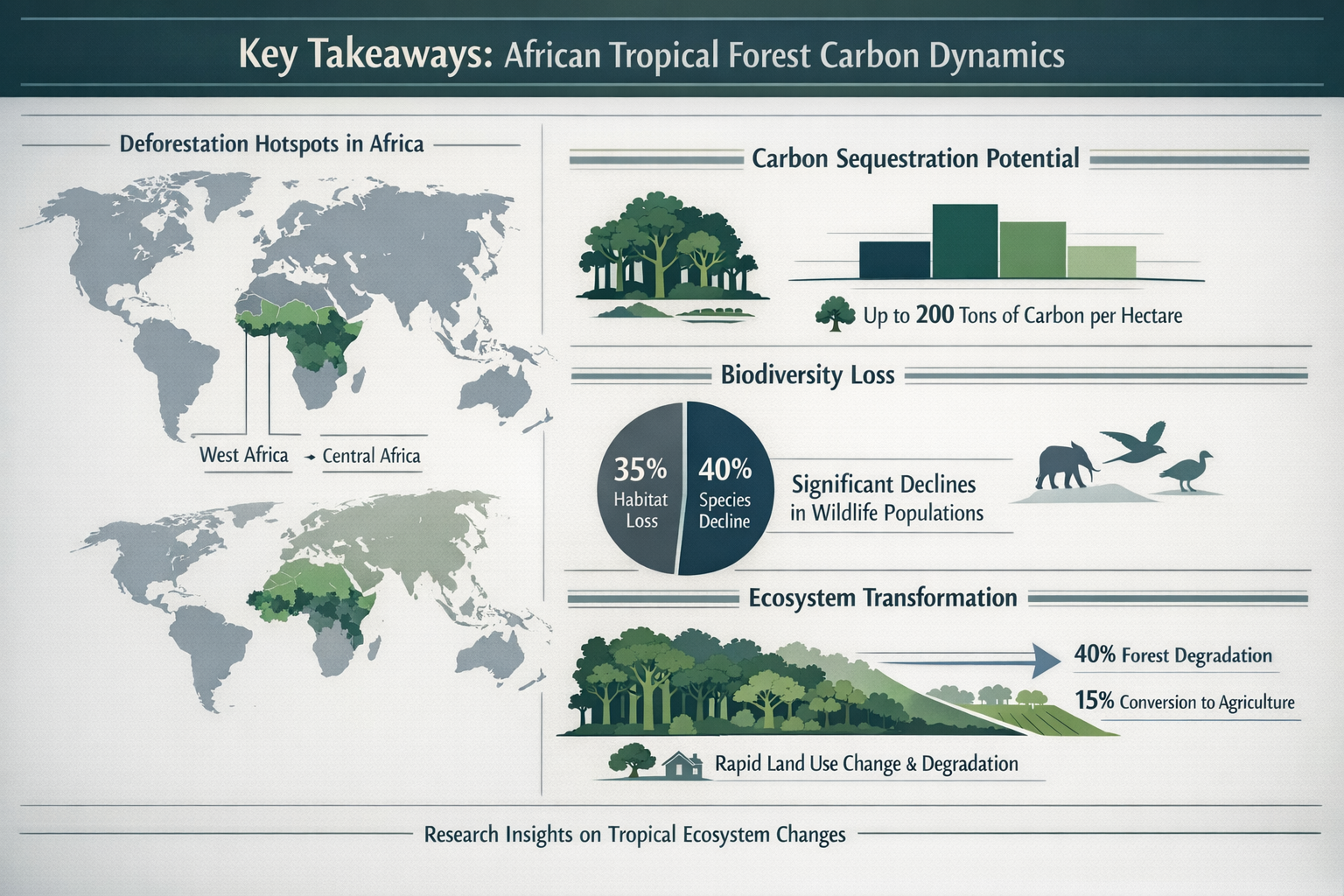 Key Takeaways infographic visualization depicting African tropical forest carbon dynamics, featuring a world map