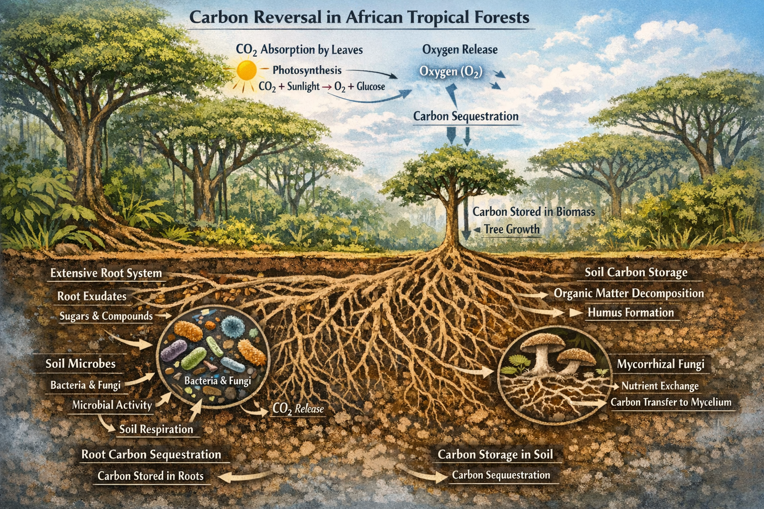 Detailed cross-sectional scientific illustration revealing carbon reversal mechanisms in African tropical forests,