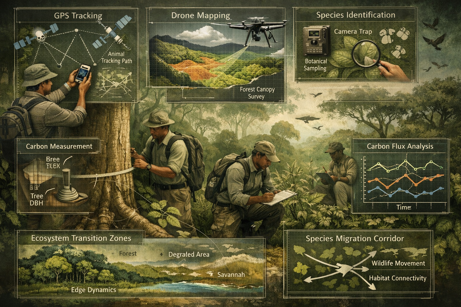 Comprehensive biodiversity survey methodology visualization depicting African tropical forest research techniques, featuring