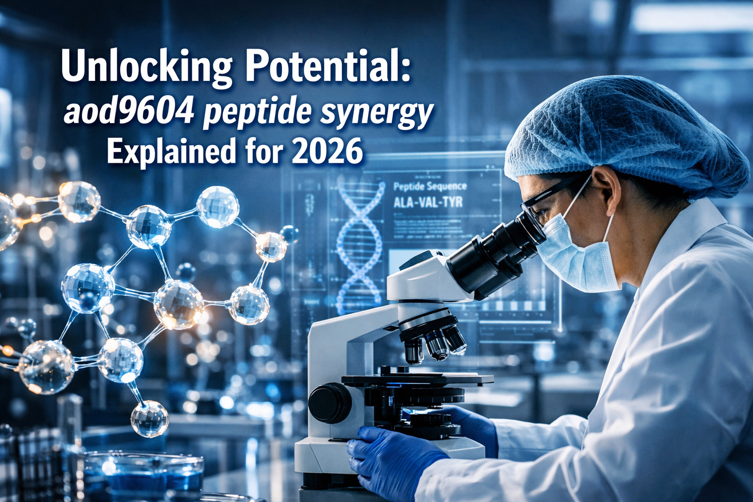 Professional landscape hero image (1536x1024) with bold text overlay: 'Unlocking Potential: aod9604 peptide synergy Explained for 2026', mod
