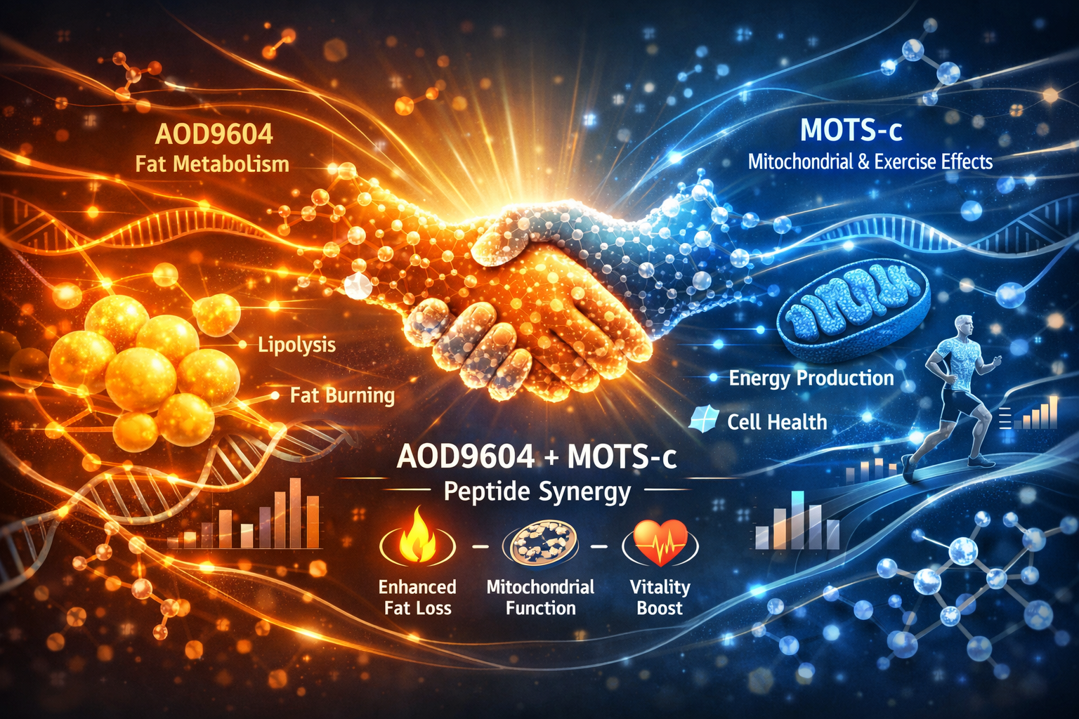 Landscape (1536x1024) editorial image showcasing the synergistic interaction of AOD9604 and MOTS-c. The image features a vibrant, interconne