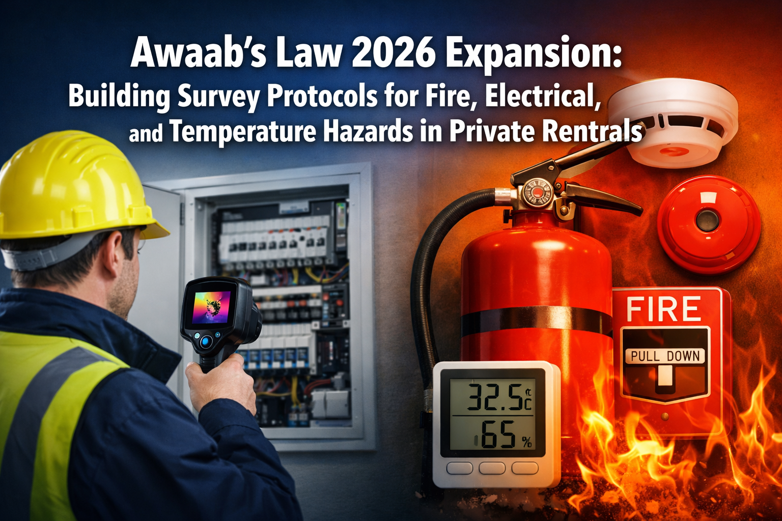 Professional () hero image with 'Awaab's Law 2026 Expansion: Building Survey Protocols for Fire, Electrical, and Temperature