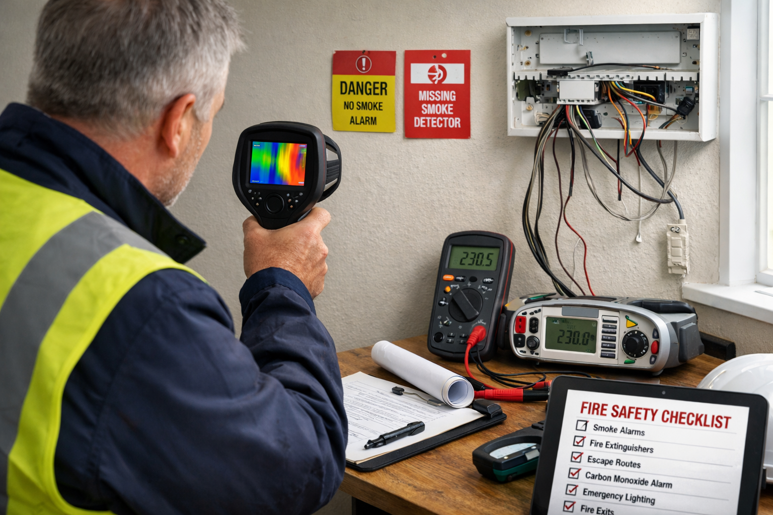 () photograph showing professional building surveyor conducting comprehensive hazard assessment in private rental property.