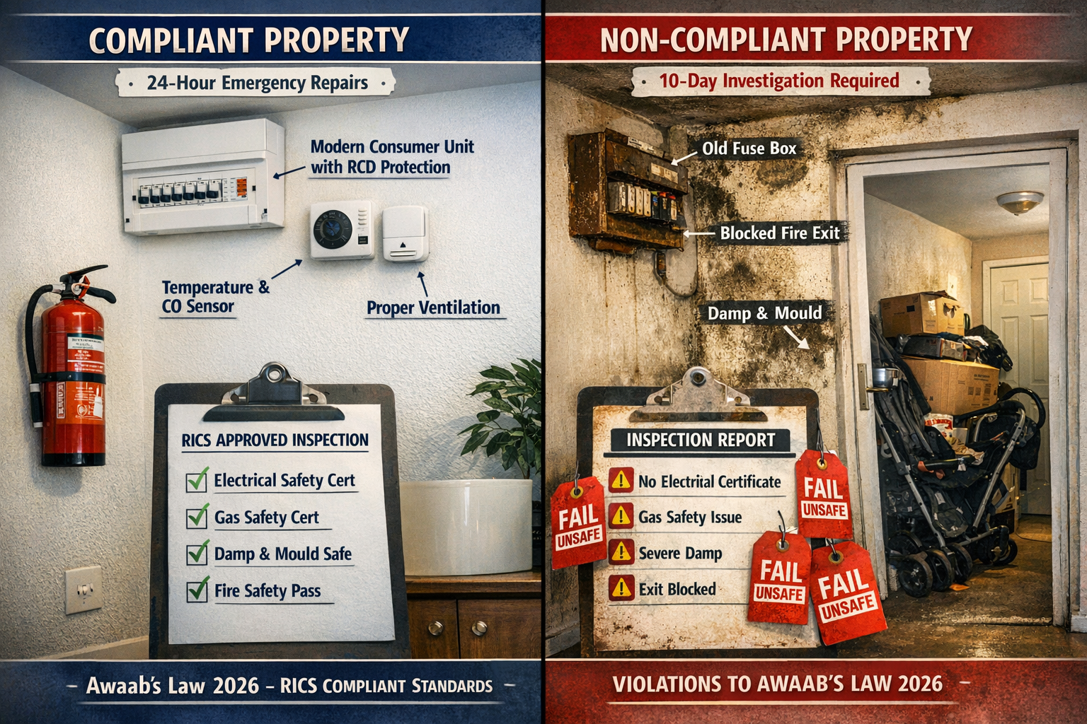 () split-screen comparison showing compliant versus non-compliant private rental properties under Awaab's Law 2026