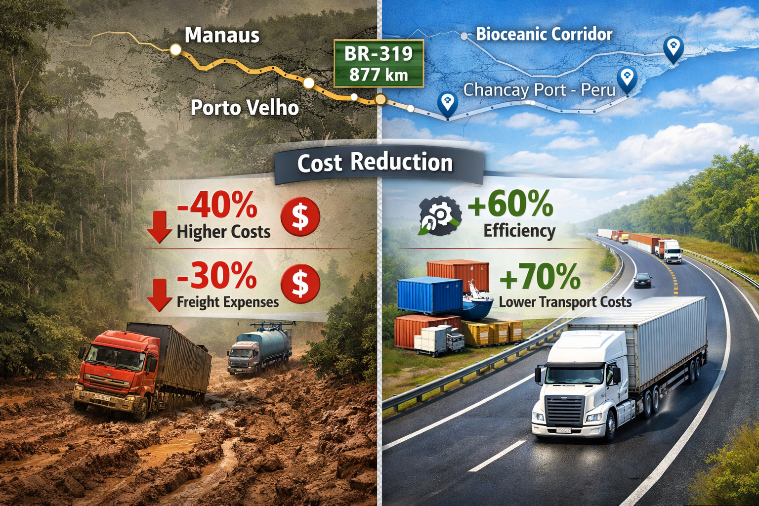 () detailed illustration showing BR-319 highway reconstruction with split-screen composition: left side depicts current