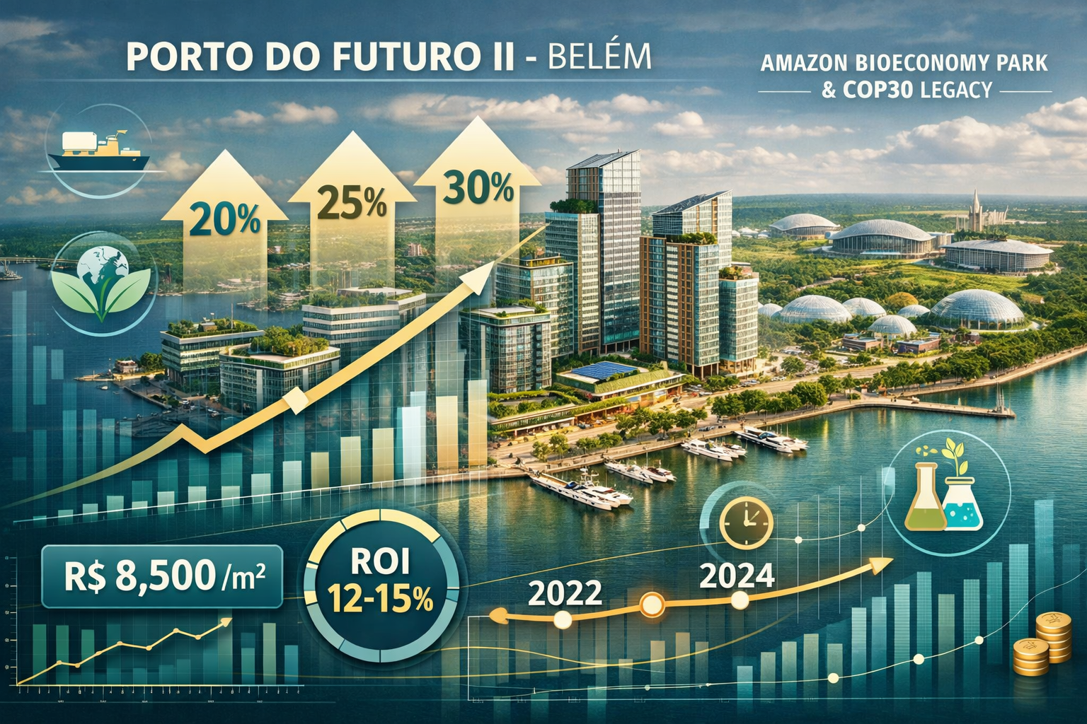 () sophisticated real estate market visualization centered on Belém cityscape showing Porto do Futuro II waterfront