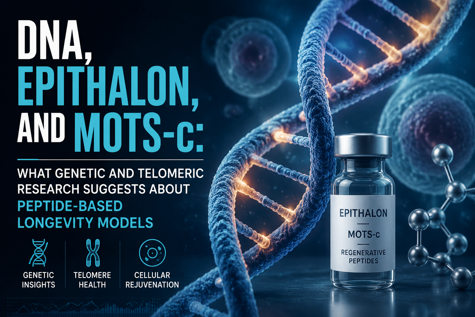 Professional landscape hero image () with : "DNA, Epithalon, and MOTS-c: What Genetic and Telomeric Research Suggests About