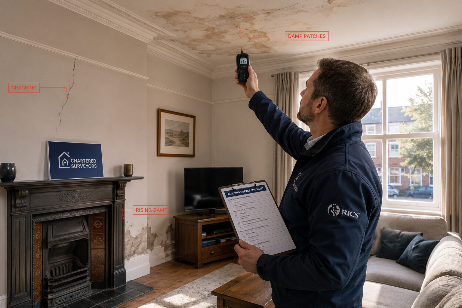 Wide-angle interior shot of a UK living room where a professional chartered surveyor examines ceiling cracks and damp