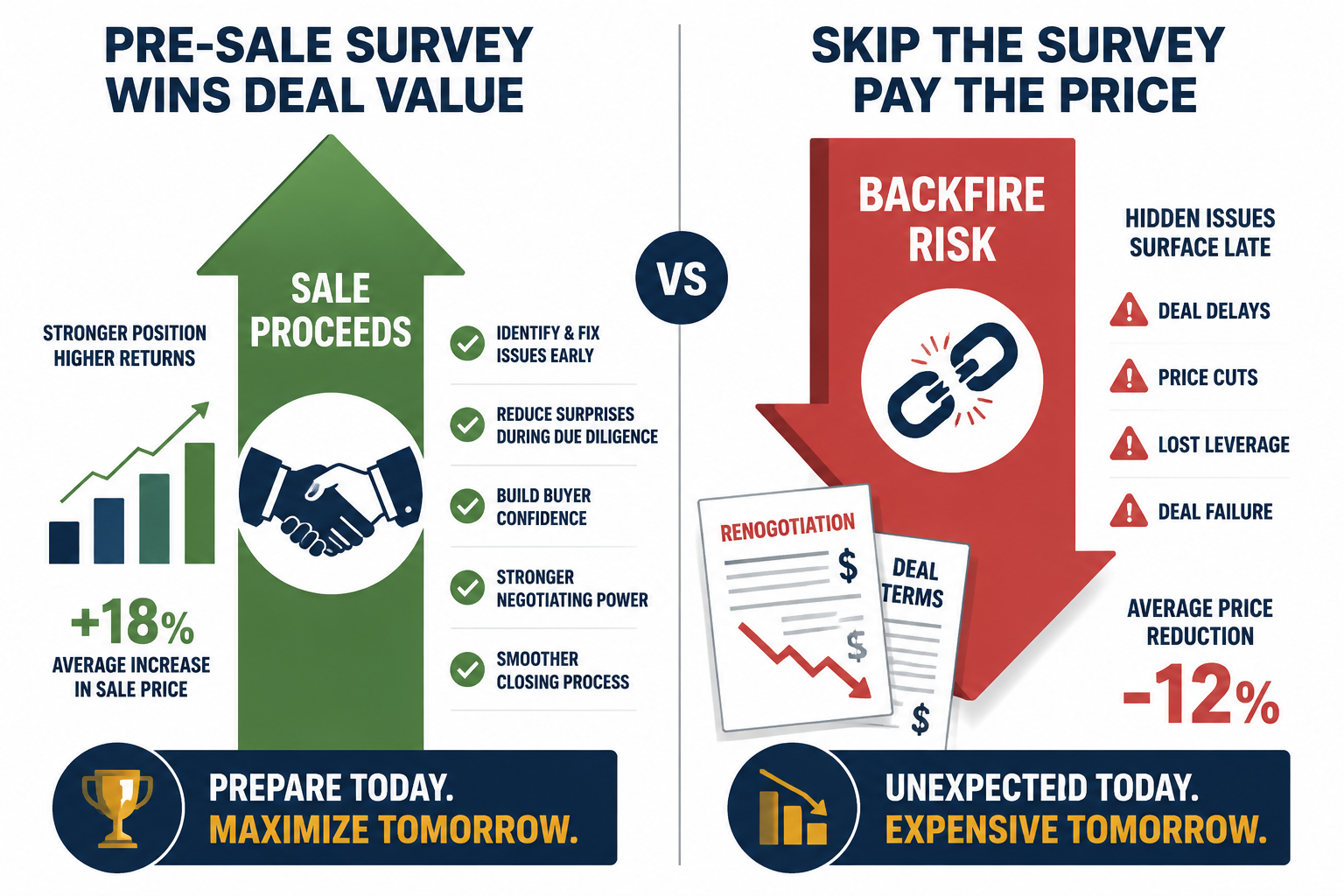Split-screen infographic landscape image showing left side a green upward arrow labeled 'Sale Proceeds' with a handshake