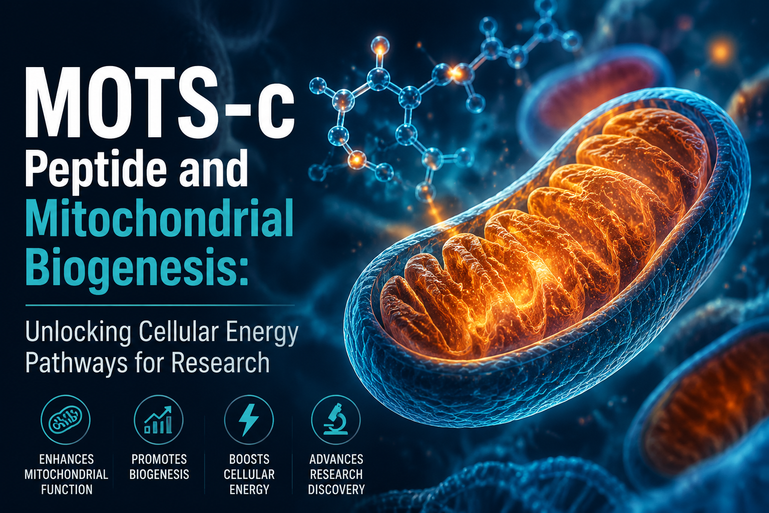 Professional landscape hero image () with : "MOTS-c Peptide and Mitochondrial Biogenesis: Unlocking Cellular Energy Pathways